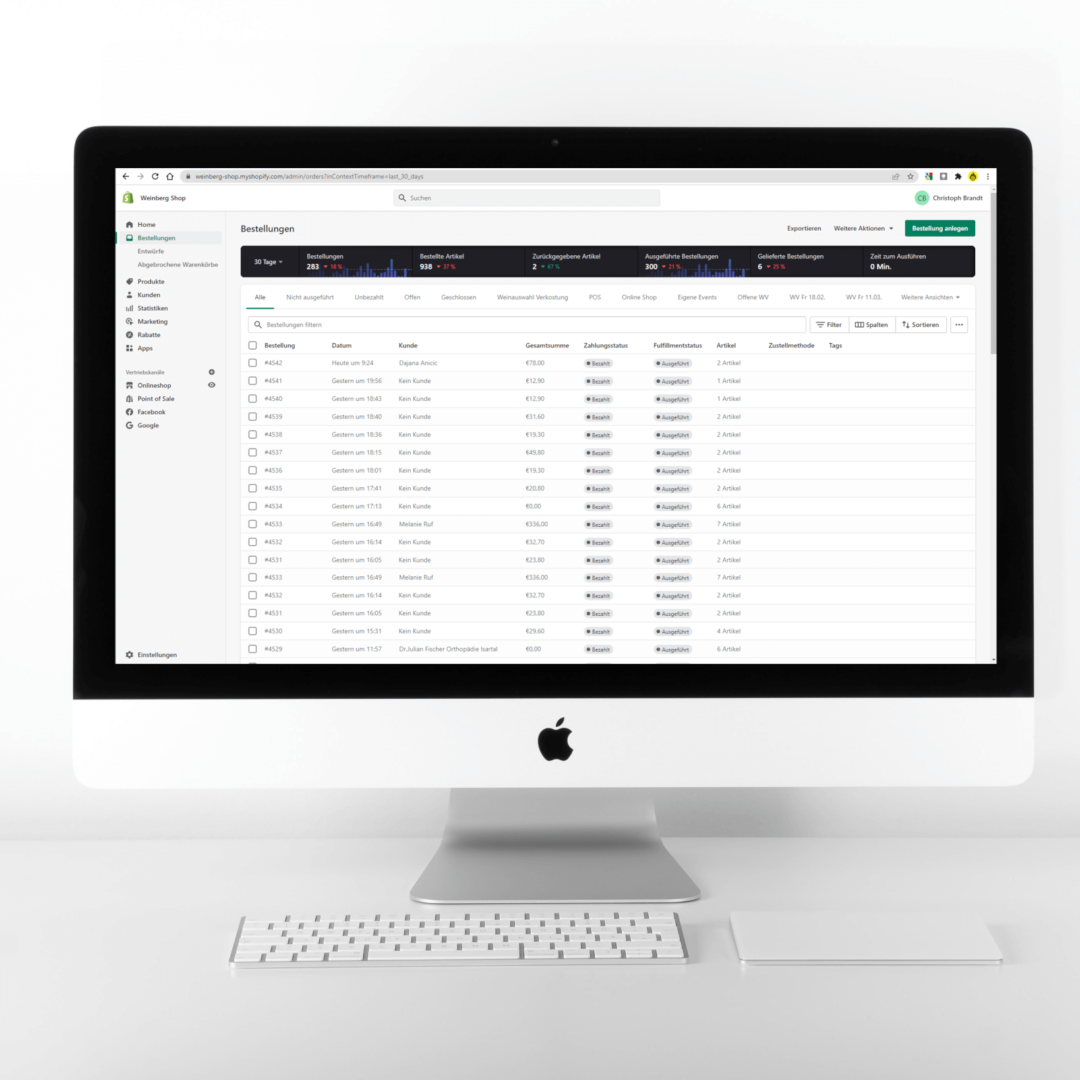 Weinberg Shopify Backend Bestellungen